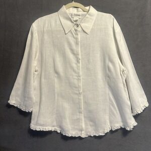 Aegean 100% Linen Button Up Shirt Top Ruffle Hem Womens Size M Ivory Coastal